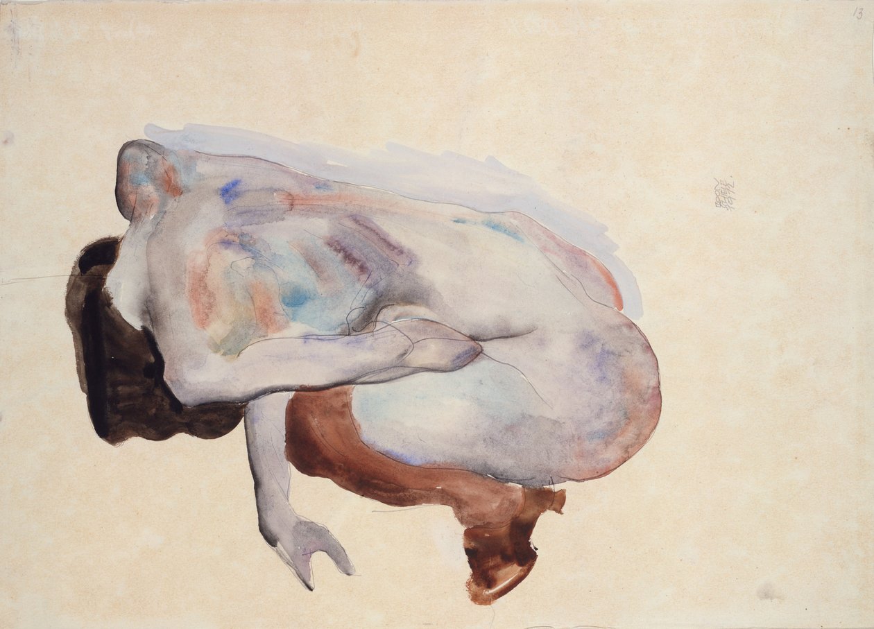 Kyykistelevä alaston kengissä ja mustissa sukkahousuissa, selkäkuva, 1912 (wc, guassi ja grafiitti paperille) tekijältä Egon Schiele