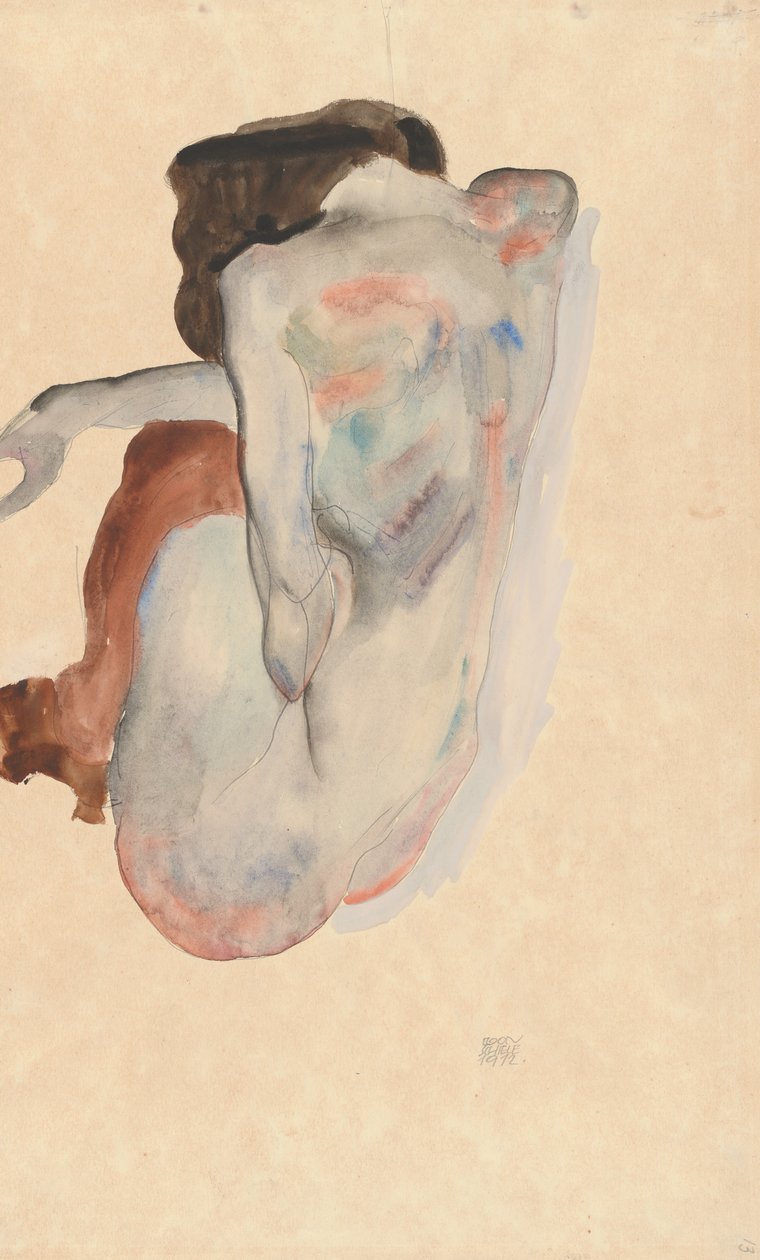 Hiipivä alastonkuva kengissä ja mustissa sukkahousuissa, näkymä takaa, 1912. tekijältä Egon Schiele