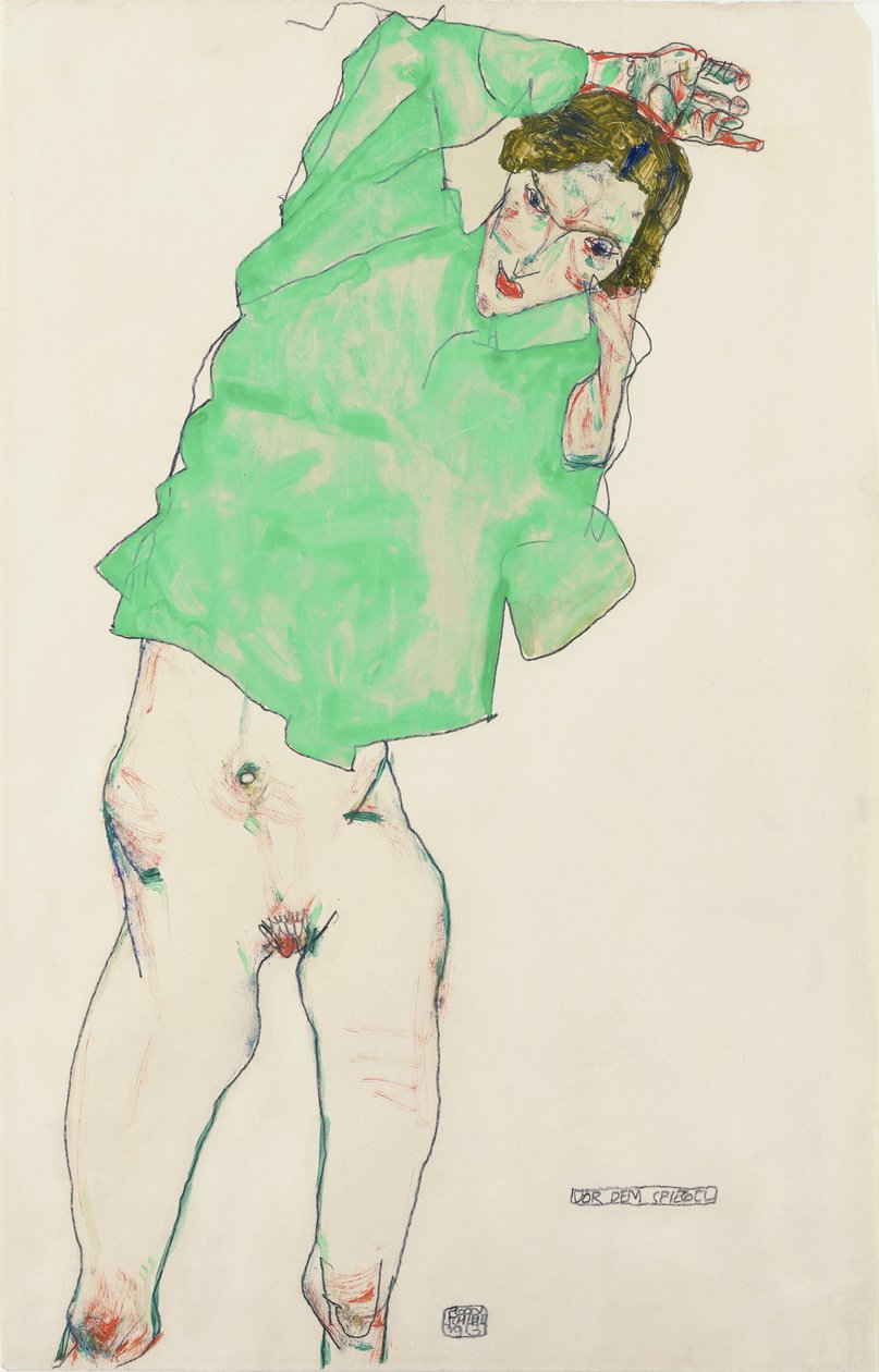 Devant le miroir - Ennen peiliä par Schiele, Egon (1890-1918). Lyijykynä, guassi paperille, koko: 48,3x32,1 tekijältä Egon Schiele