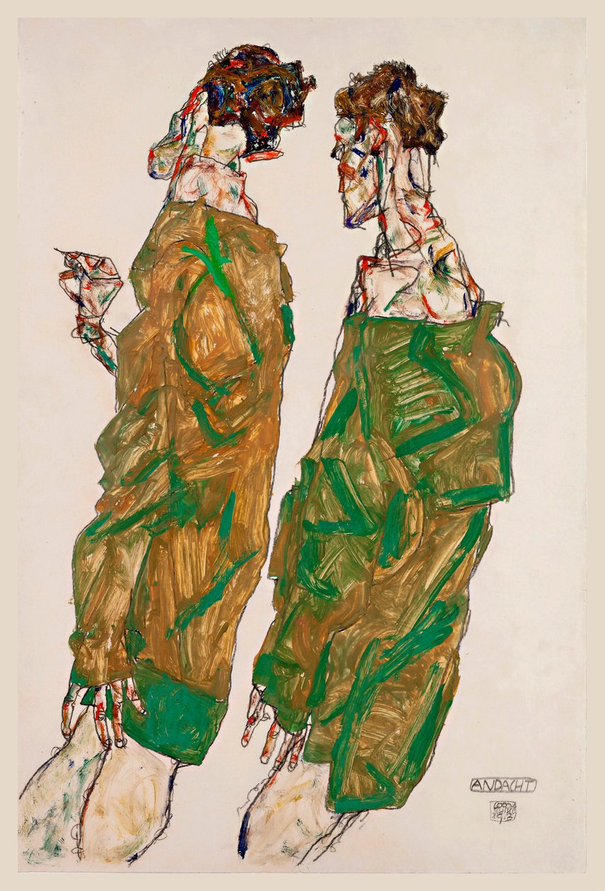Devotion - Egon Schielen (1890-1918) työ, guassi paperille tekijältä Egon Schiele