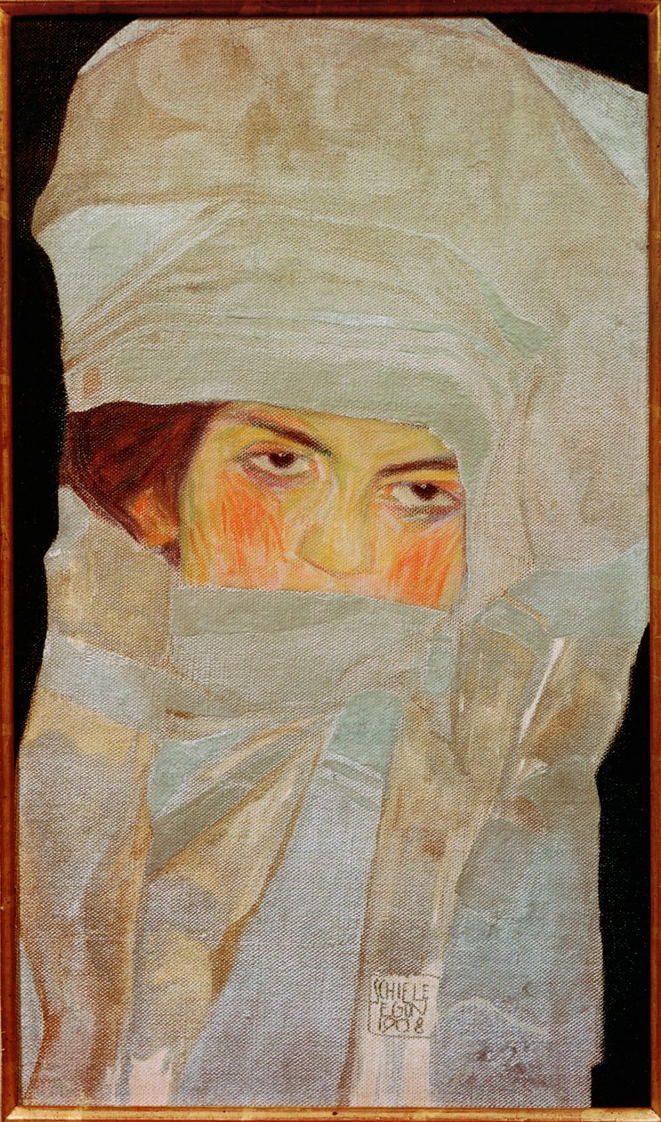 Taiteilijan sisar Melanie hopeanväristen huivien kanssa ... tekijältä Egon Schiele