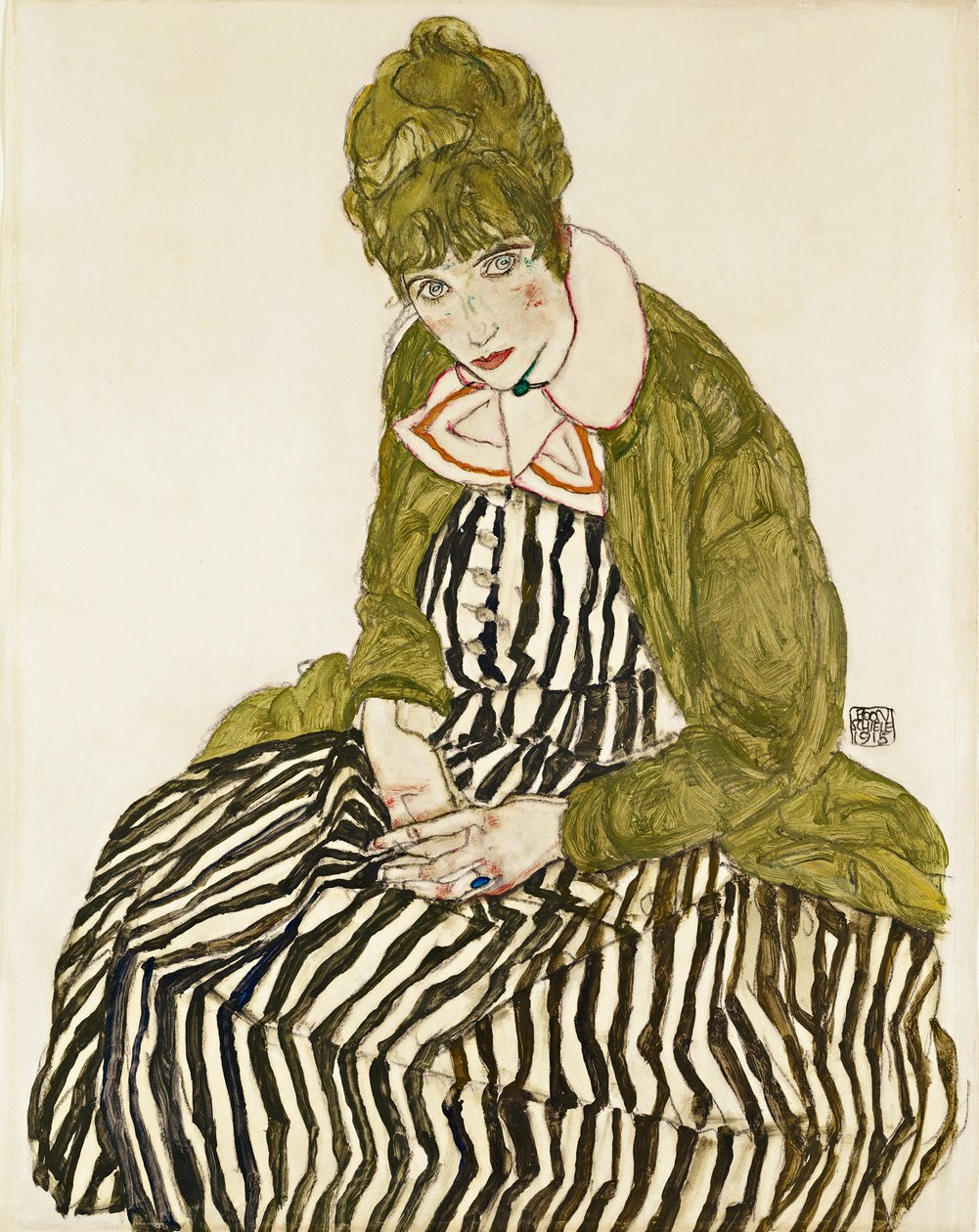Edith Schiele raidallisessa mekossa istuen. Egon Schielen (1890-1918) työ, kynä ja guassi paperille tekijältä Egon Schiele