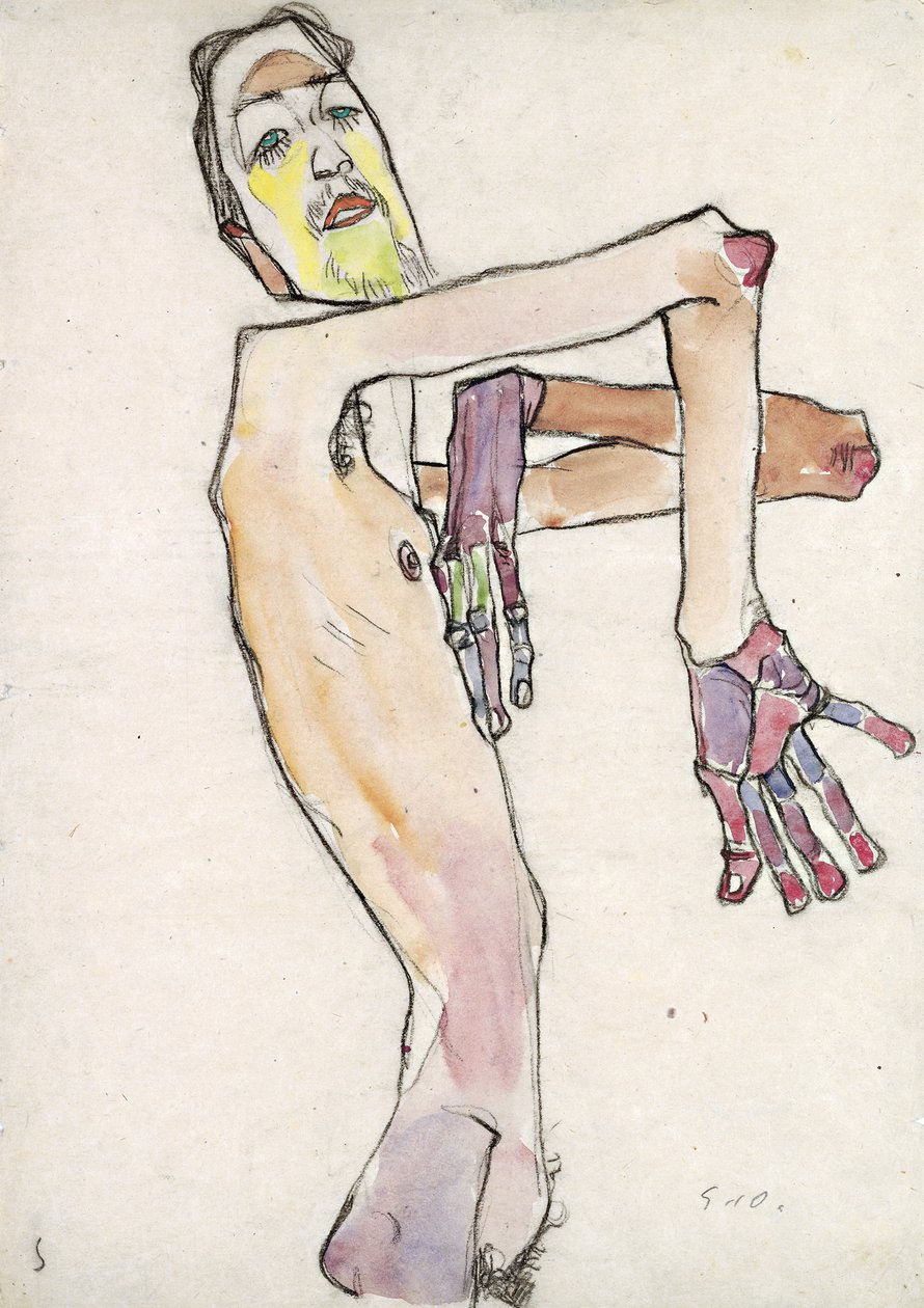 Erwin Dominik Osen (1891–1970) alastona kädet ristissä par Schiele, Egon (1890–1918). Musta liitu, akvarelli paperille, koko: 44,7x31,5 tekijältä Egon Schiele