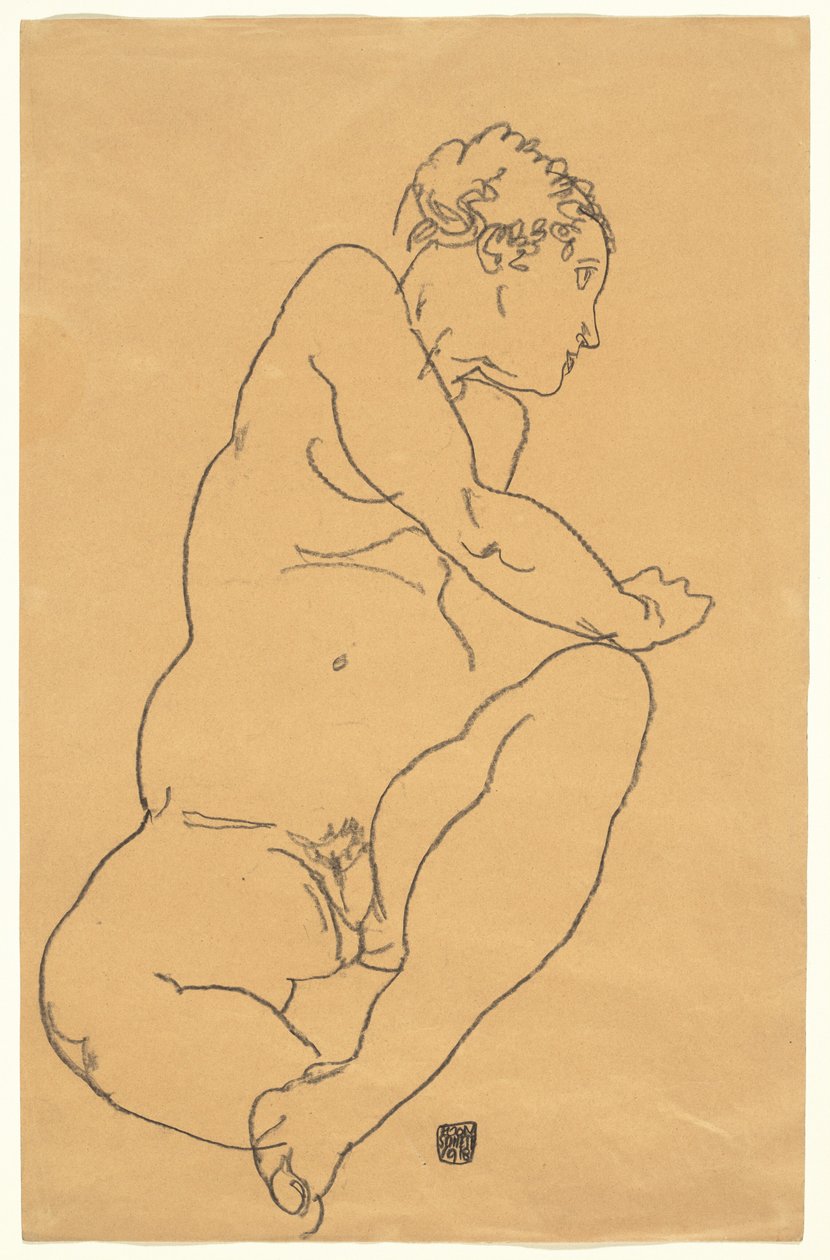 Nainen alaston kumartuminen vasemmalle tekijältä Egon Schiele