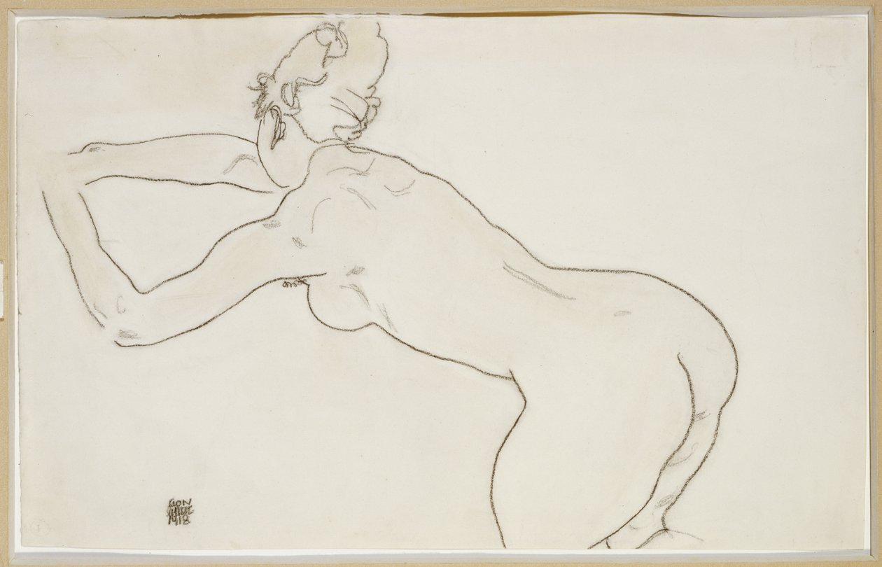 Nainen alaston polvistuminen ja taipuminen eteenpäin vasemmalle, 1918 tekijältä Egon Schiele