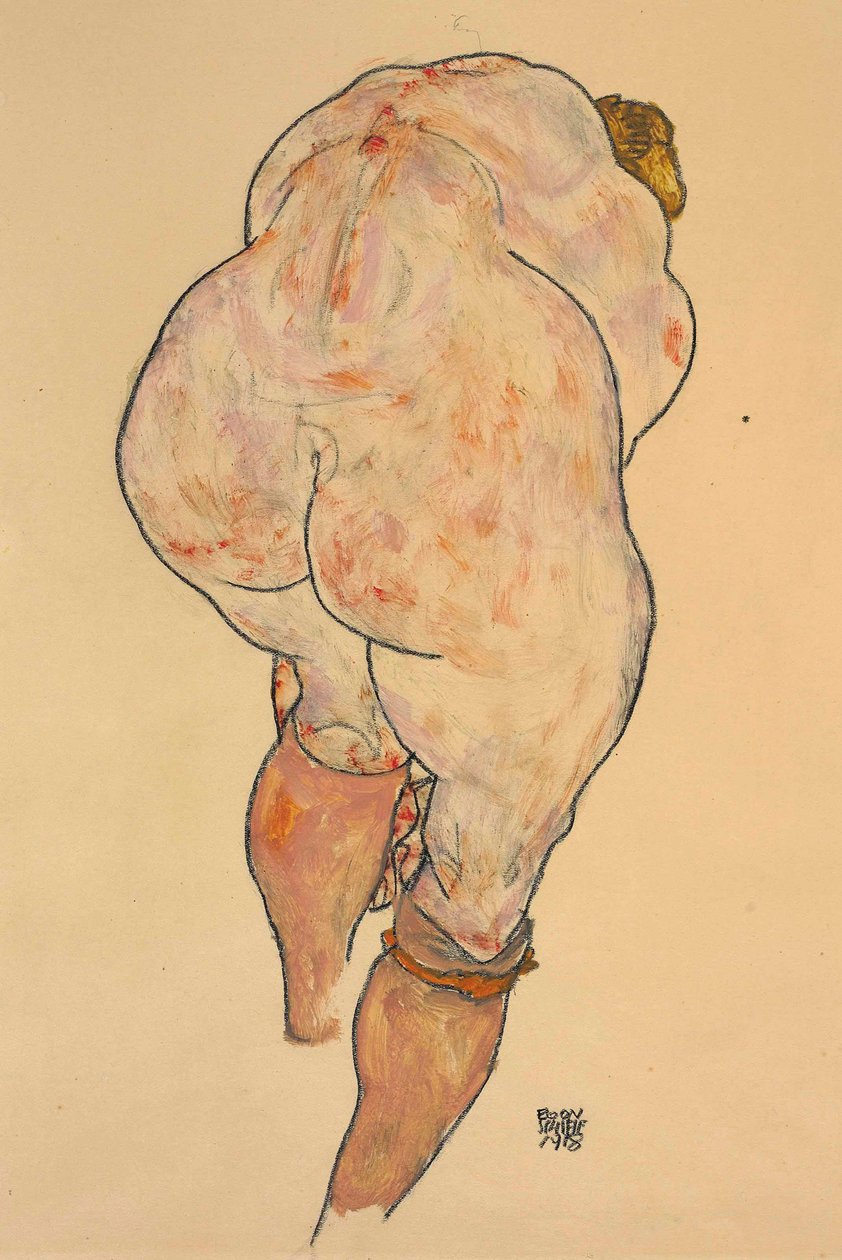 Naispuoliset alastonhousut, sukat, takaa, 1918. tekijältä Egon Schiele