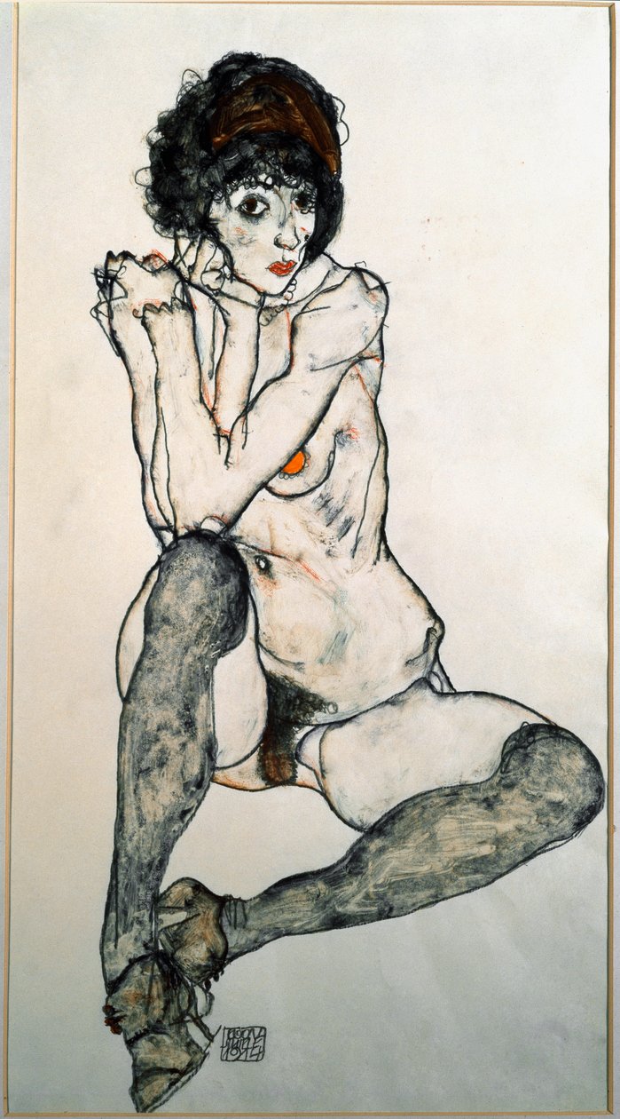 Egon Schielen (1890-1918) naispuolinen nude-akvarellipiirros 1914 Koko 48,3 x 32 cm Wienin grafiikkakokoelma Albertina tekijältä Egon Schiele