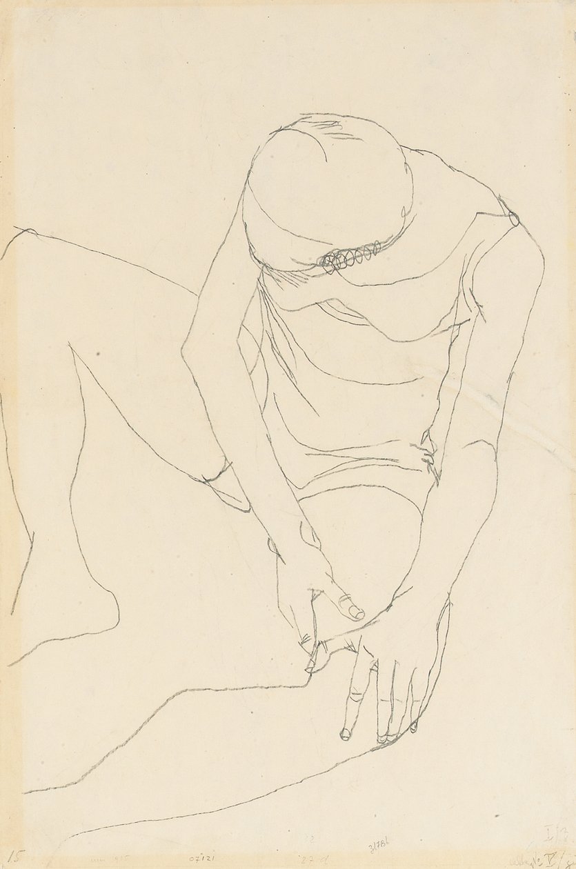 Nainen alaston kumartunut eteenpäin, molemmat kädet vasemmalla reidellä, 1913 tekijältä Egon Schiele