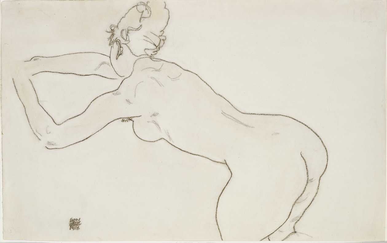Nainen alaston polvistumassa ja kumartumassa eteenpäin vasemmalle, 1918 tekijältä Egon Schiele