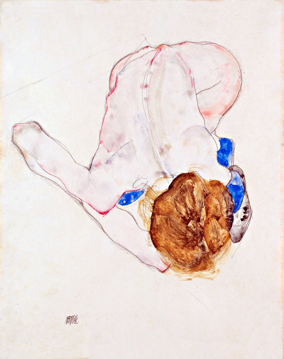 Alaston nainen sinisissä sukkahousuissa, nojaten eteenpäin - Gouassi paperille, kirjoittanut Egon Schiele (1890-1918) tekijältä Egon Schiele