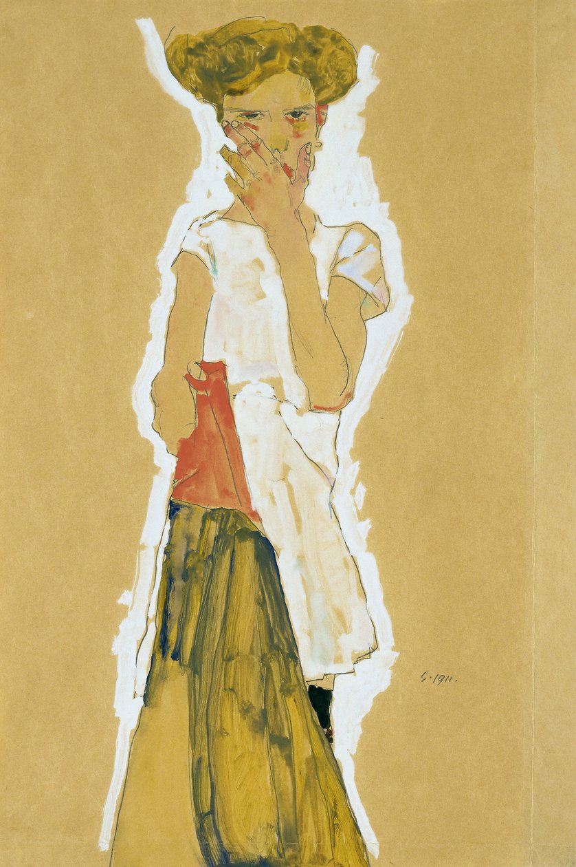 ""Standing Girl in White Petticoat"" (Standing Girl in White Petticoat) Guassi paperilla, kirjoittanut Egon Schiele (1890-1918) - 1911, koko 55x37 cm Museum of Modern Art, New York tekijältä Egon Schiele