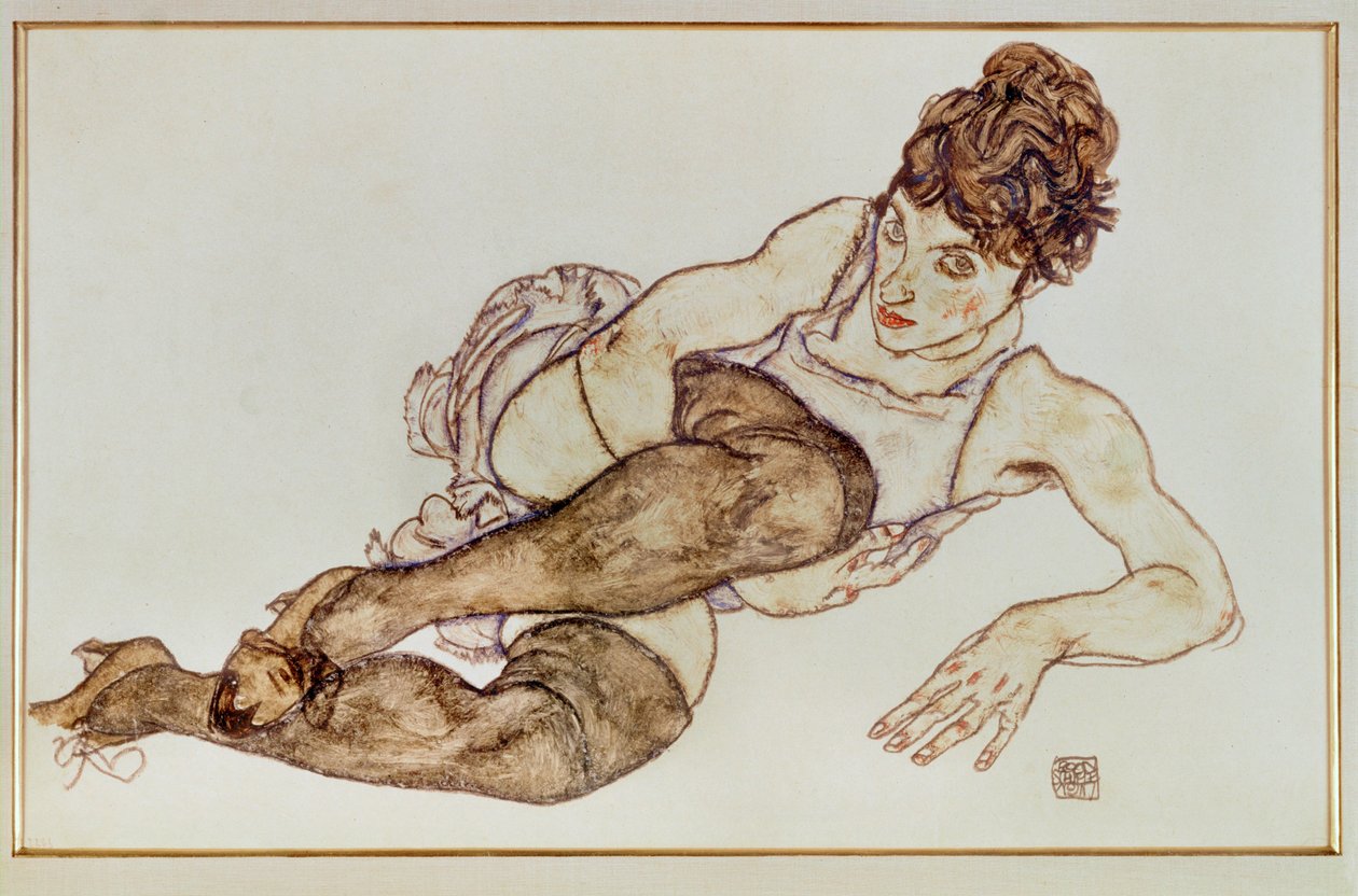 Nainen ruskeissa sukissa - Woman ... (guassi ja musta väriliitu) tekijältä Egon Schiele