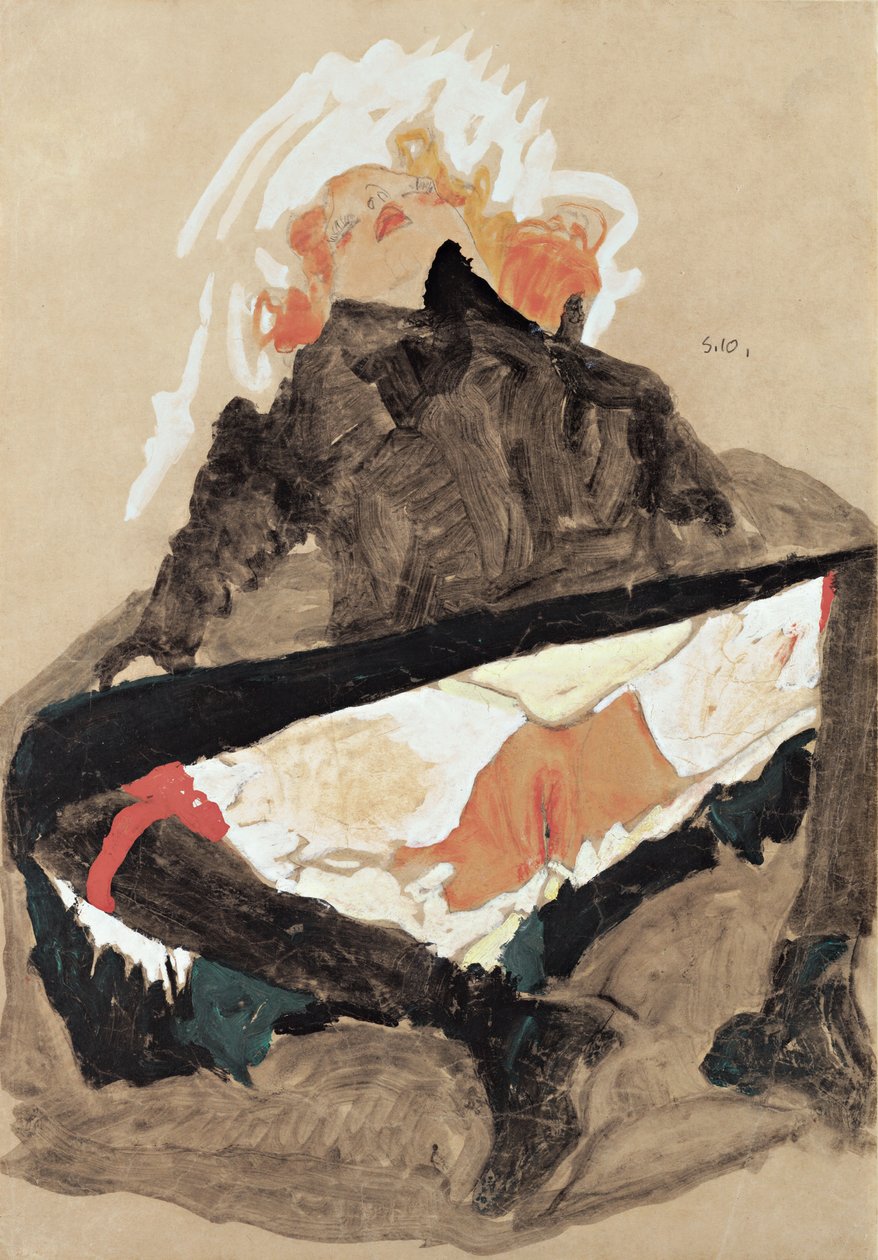 Tyttö mustassa mekossa jalat levitettyinä, 1910 tekijältä Egon Schiele
