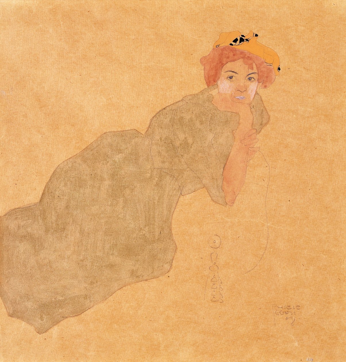 Tyttö oliivinvärisessä mekossa, jossa on tuettu käsivarsi, 1908 tekijältä Egon Schiele