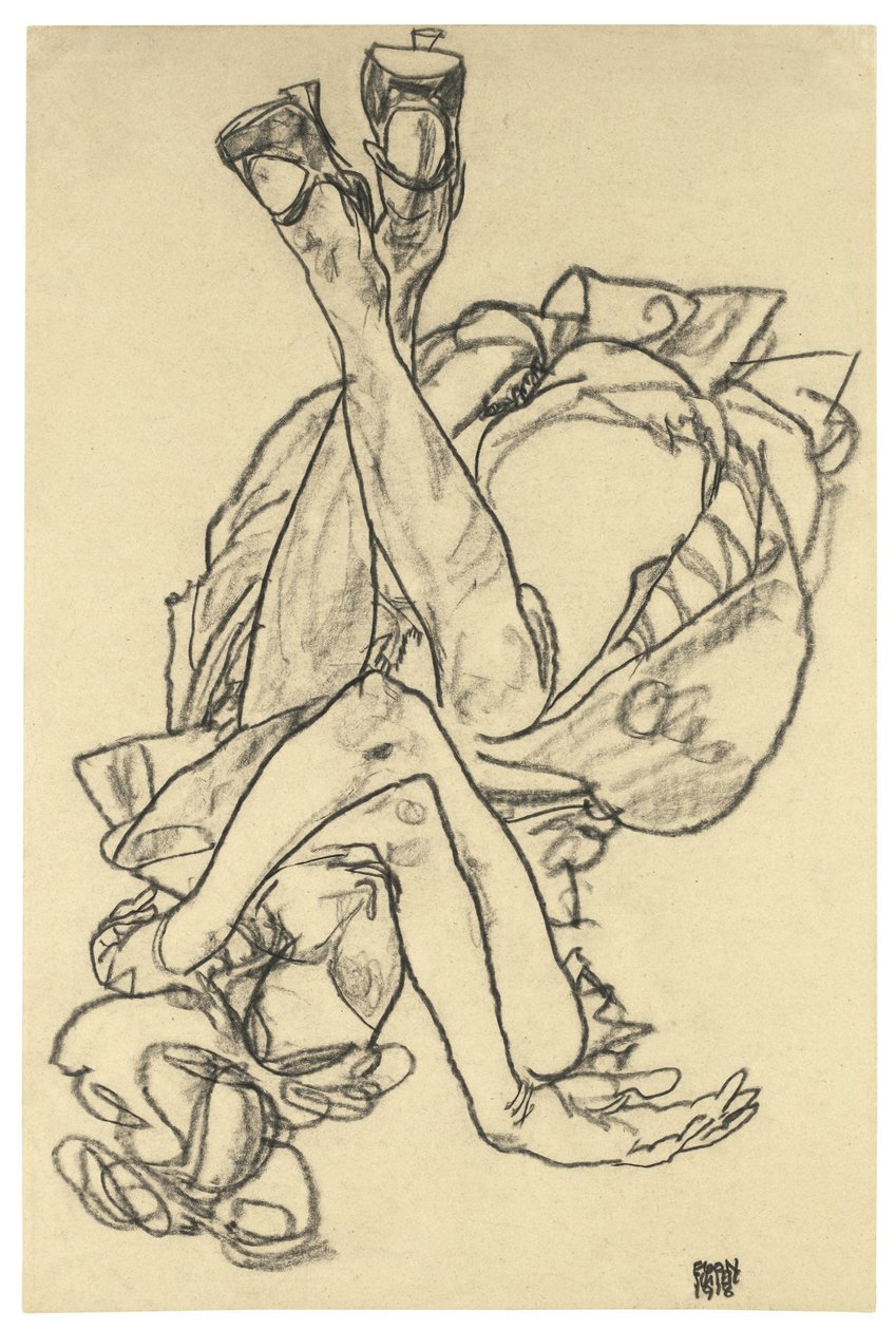 Tyttö makaa selällään kädet ja jalat ristissä, 1918 tekijältä Egon Schiele