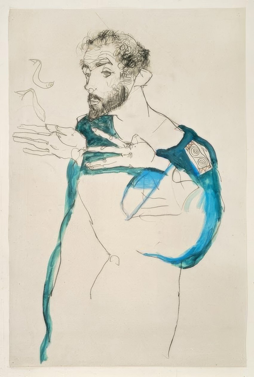 Gustav Klimt sinisessä työhousussaan tekijältä Egon Schiele