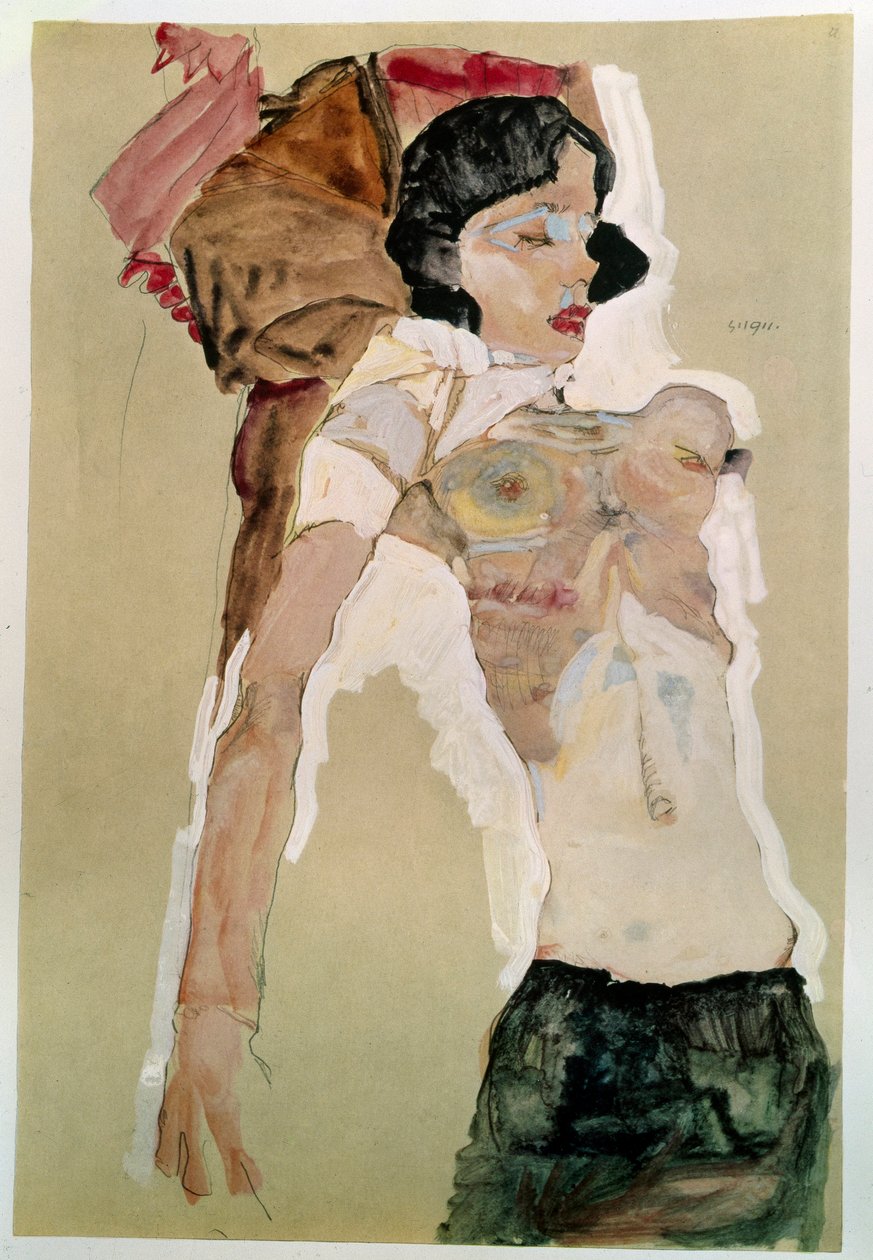 Puolialaston nainen. Piirustus Egon Schiele (1890-1918), 1911 Lyijykynä ja akvarelli paperille. Mitat: 45,9 x 31,1 cm. Wien, Graphische Sammlung Albertina tekijältä Egon Schiele