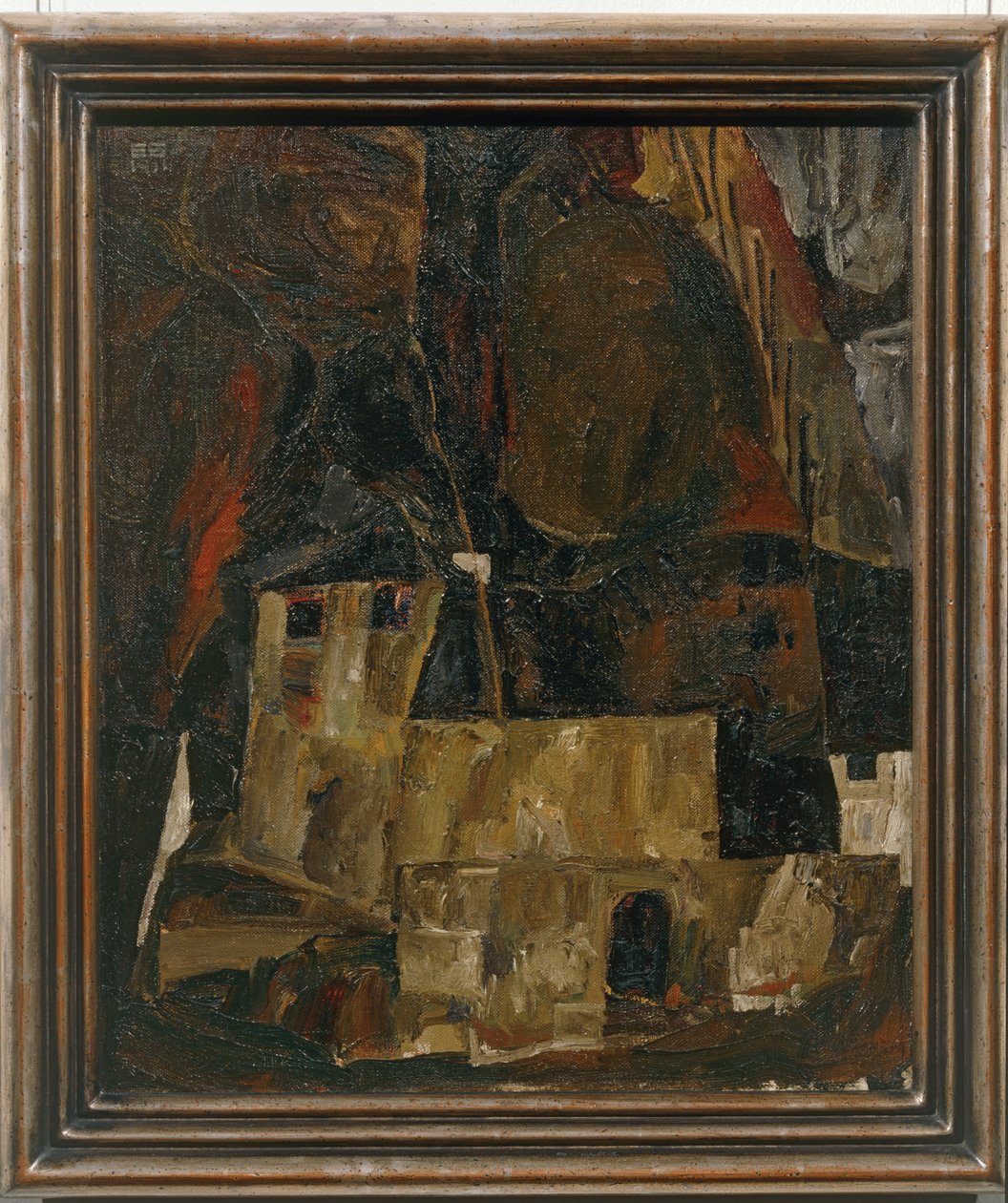 Haus und Mauer vor hügeligem Gelände - Talo ja seinä mäkisen maiseman edessä ... tekijältä Egon Schiele