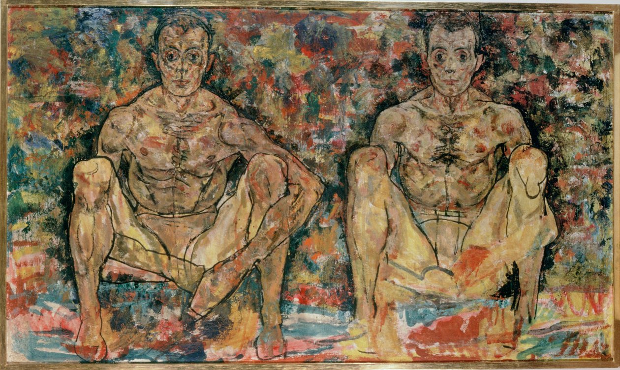 Kyykyssä istuva miespari ... tekijältä Egon Schiele