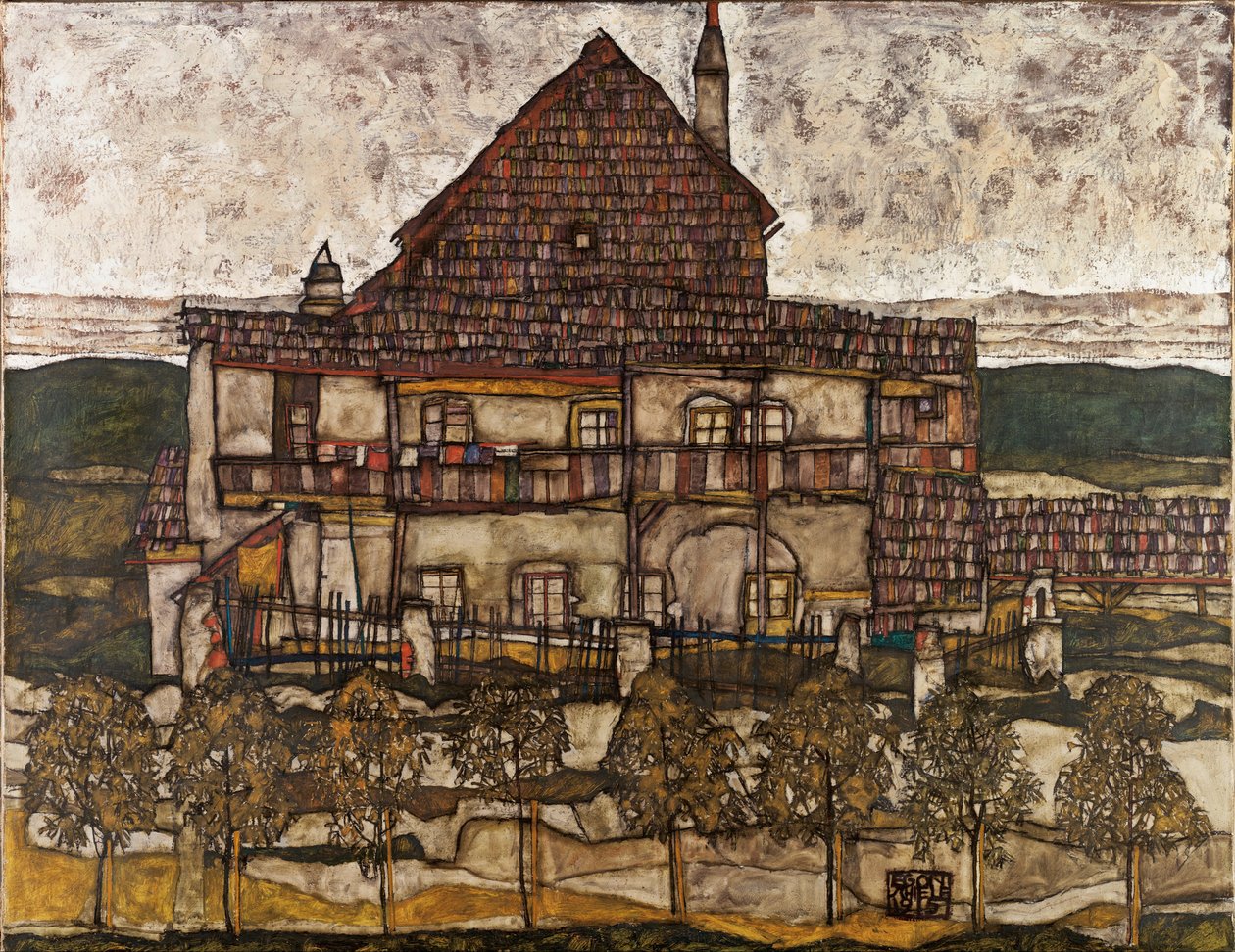Talo kivikattoisella Vanha talo II, 1911 tekijältä Egon Schiele