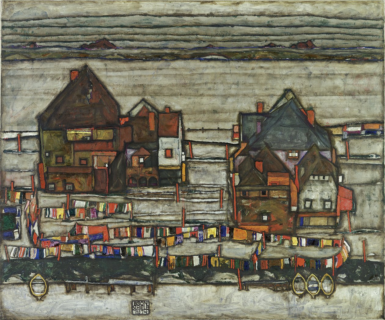 Talot, joissa on pesuköydet, 1914 tekijältä Egon Schiele