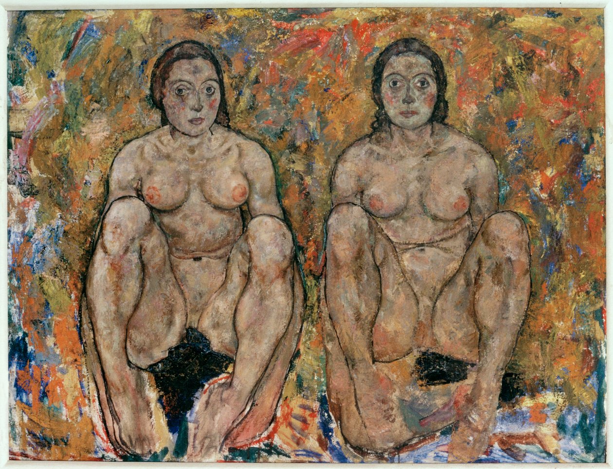 Kauernde Frauen [Kyykistyvät naiset] (öljy ja guassi) tekijältä Egon Schiele