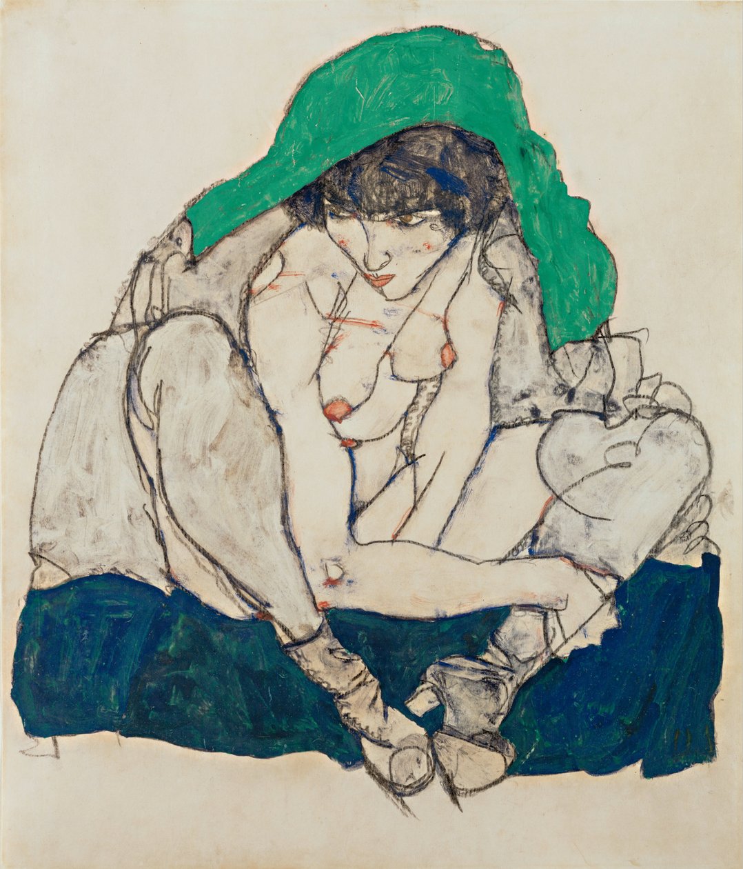 Kyykistyvä nainen vihreässä päähuivissa tekijältä Egon Schiele