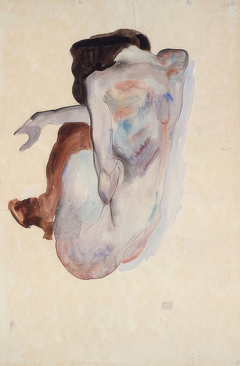 Hiipivä teko kenkien ja mustien sukkien kanssa, takanäkymä. 1912 tekijältä Egon Schiele