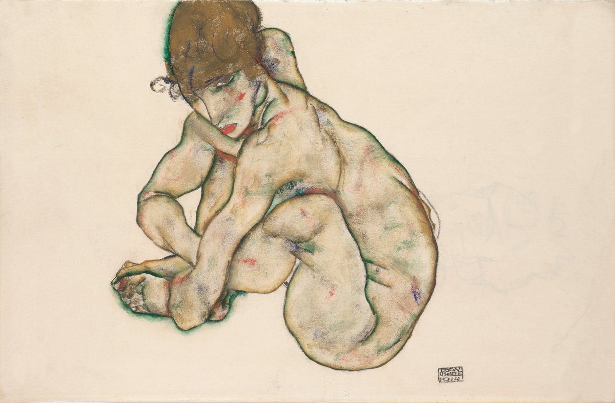 Kyykyssä oleva tyttöalastonkuva tekijältä Egon Schiele
