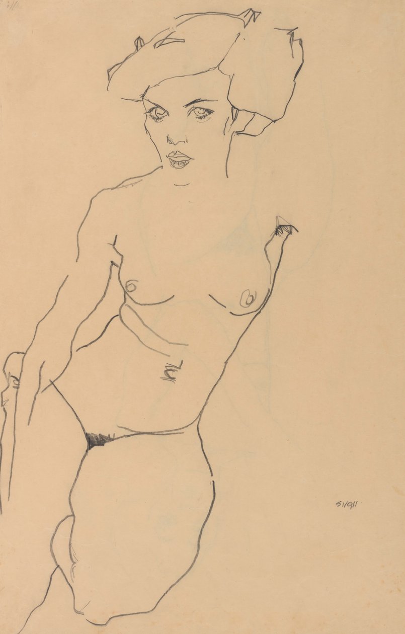 Polvistuva nainen tekijältä Egon Schiele