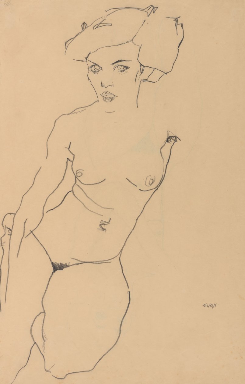 Polvistuva naisaktimalli tekijältä Egon Schiele