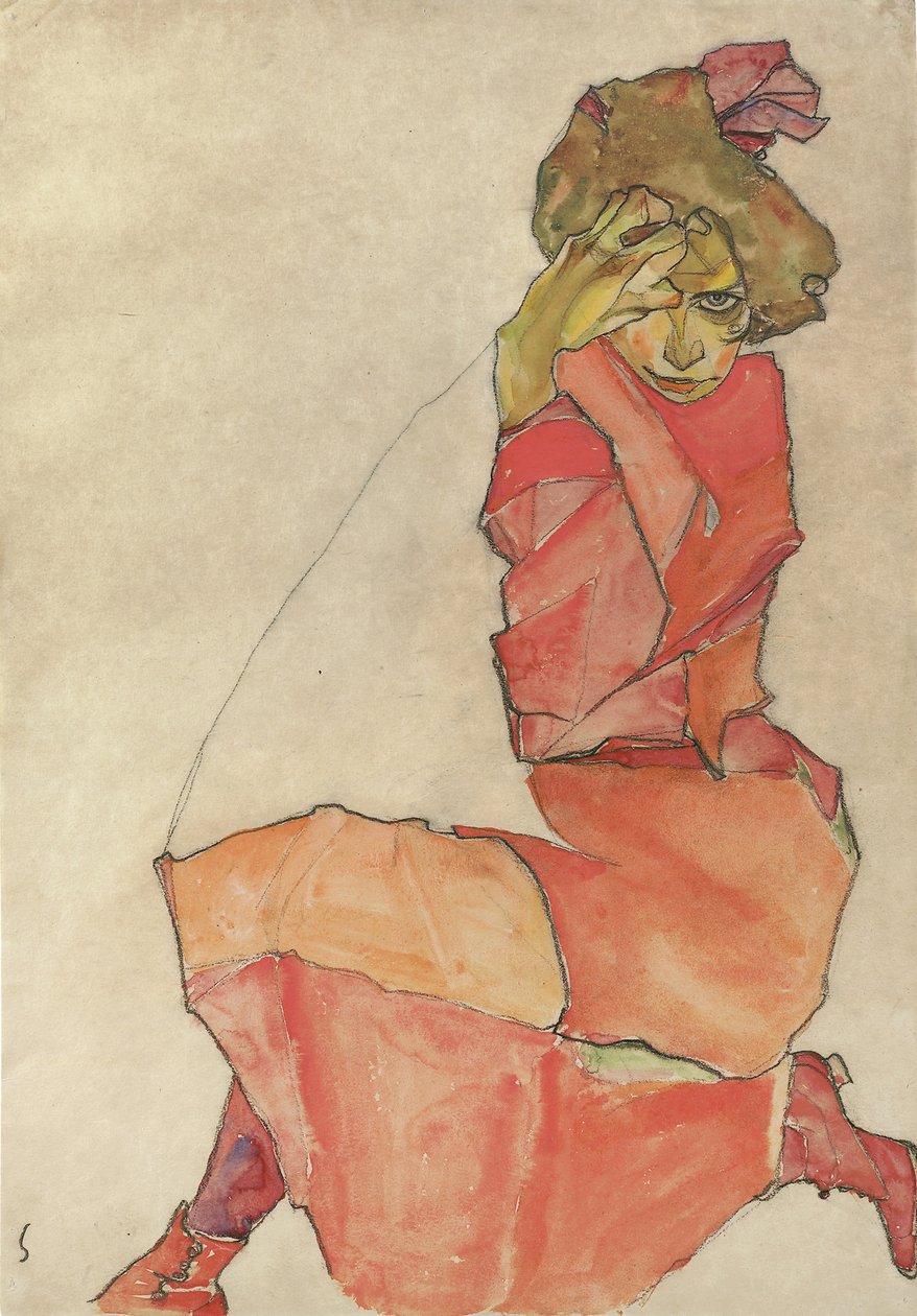 Polvistuva nainen oranssinpunaisessa mekossa, 1910 tekijältä Egon Schiele
