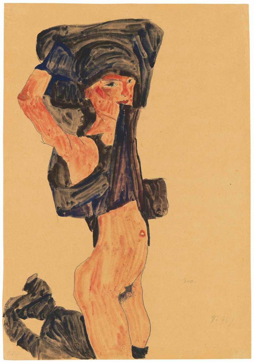 Polvistuva tyttö vetää hameensa päänsä yli, 1910. tekijältä Egon Schiele