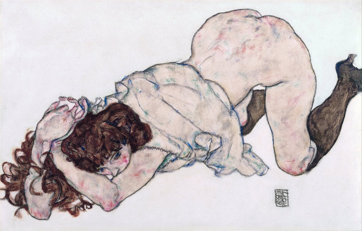 Polvistuva tyttö, lepää molemmissa kyynärpäissä - Schiele, Egon (1890-1918) - 1917 - Musta liitu, guassi paperille - 28,7x44,3 - Leopold-museo, Wien tekijältä Egon Schiele