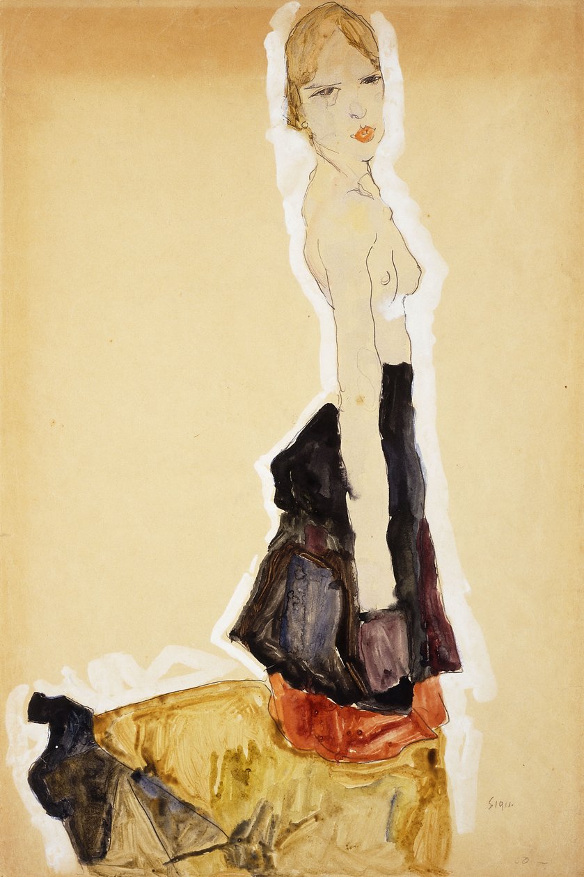 Polvistuva tyttö espanjahameella; Polvistuva tyttö espanjahameella, 1911 tekijältä Egon Schiele