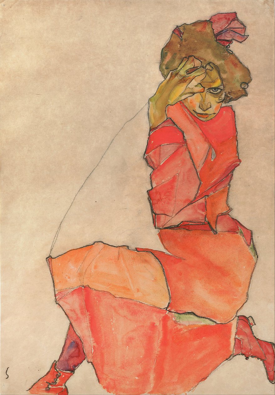Polvistuva nainen oranssinpunaisessa mekossa tekijältä Egon Schiele