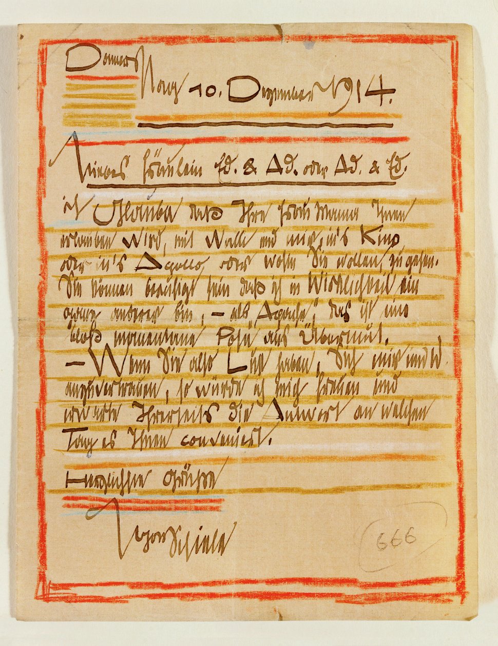 Egon Schielen taiteellisesti muotoiltu kirje sisaruksille Edith ja Adele Harms, päivätty 10 ... (muste, väriliidut). tekijältä Egon Schiele