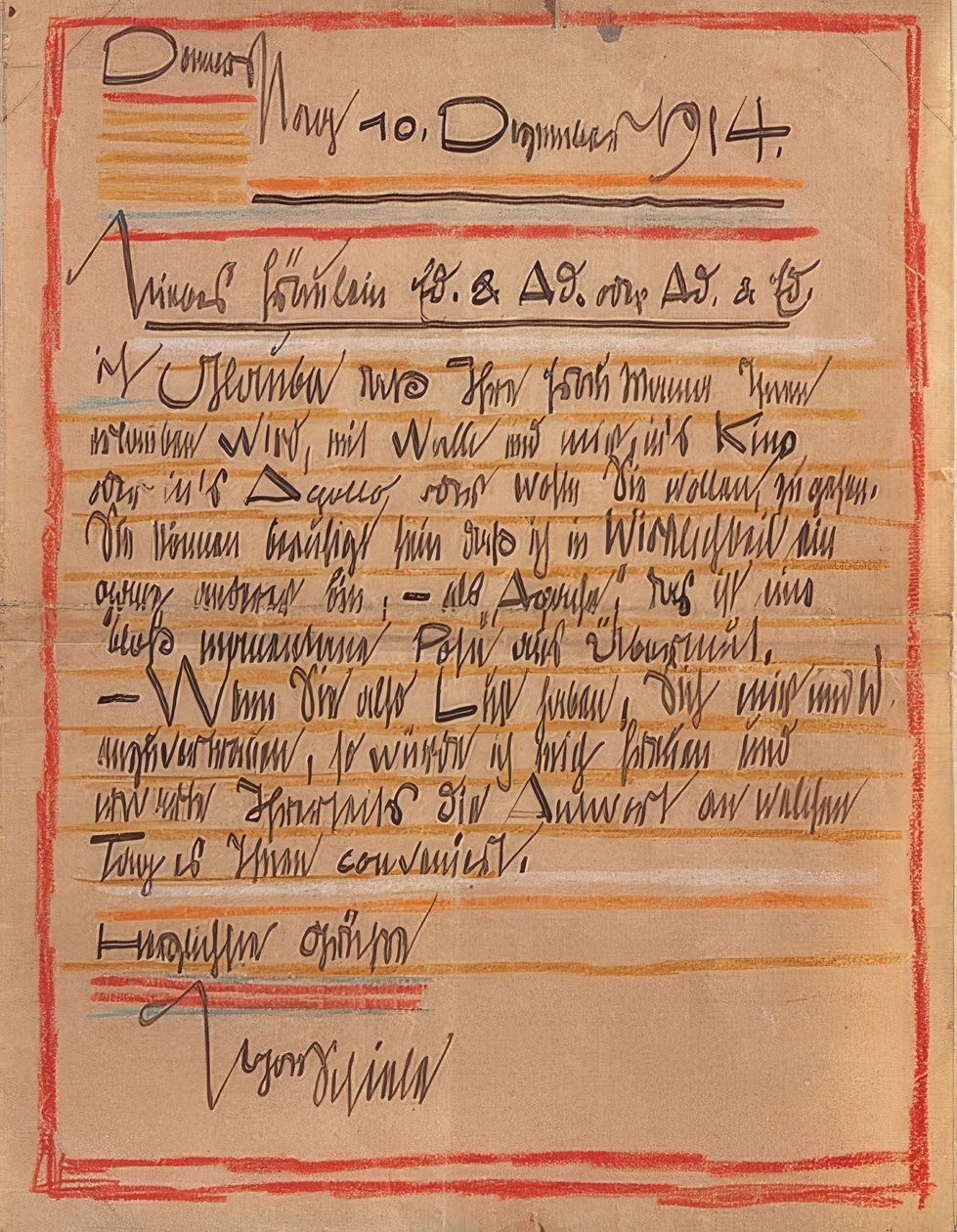 Egon Schielen taiteellinen kirje siskoille Edith ja Adele Harmsille, päivätty 10. joulukuuta 1914 tekijältä Egon Schiele