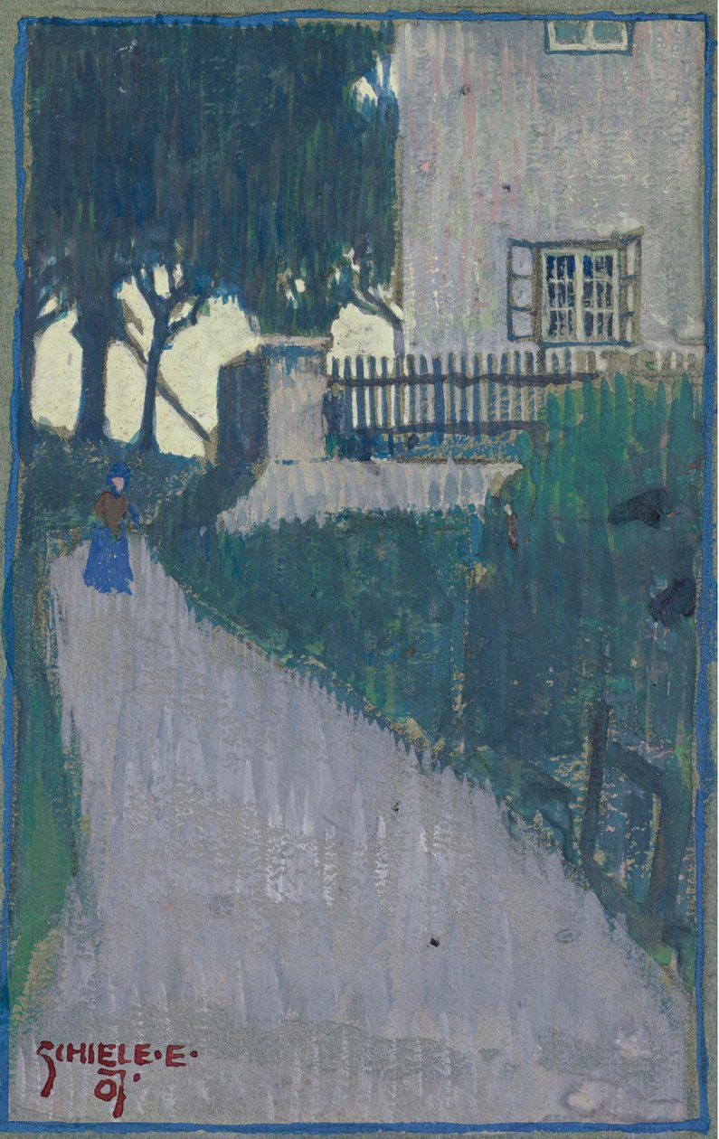 Maisema talon, puiden ja naishahmon kanssa par Schiele, Egon (1890-1918) tekijältä Egon Schiele