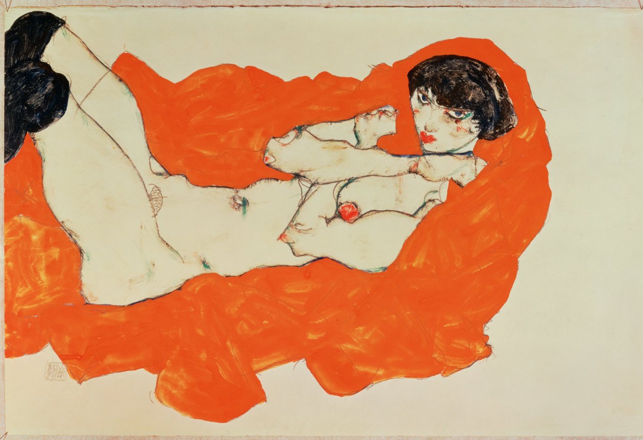 Naisalaston makuuasento punaisella kankaalla - Reclining ... (guassi ja musta väriliitu) tekijältä Egon Schiele