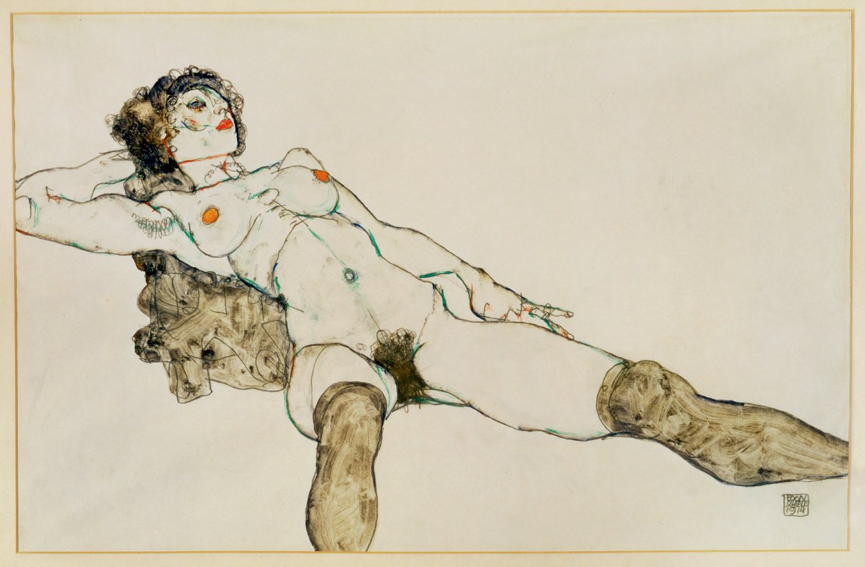 Makaava naisakt, jalat levällään ... (guassi ja lyijykynä) tekijältä Egon Schiele