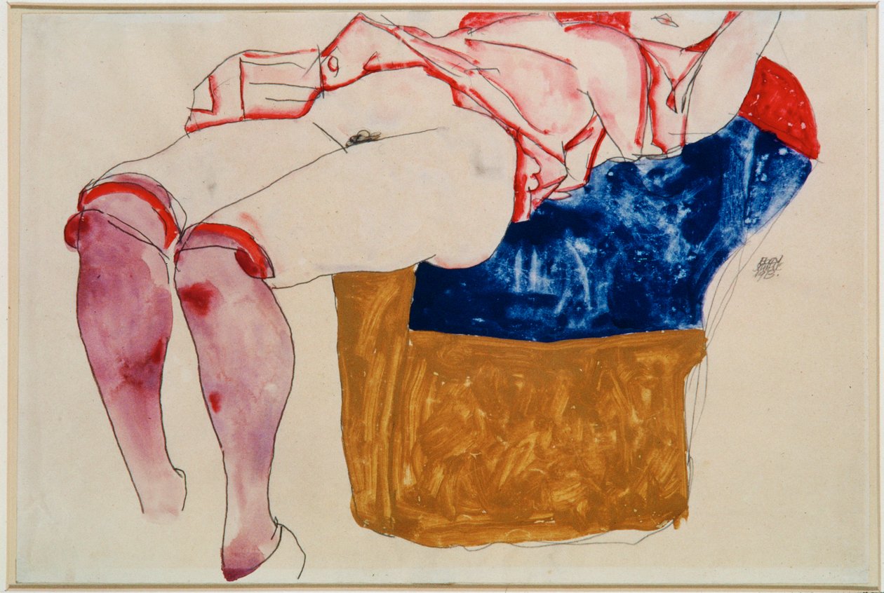 Makuuasennossa oleva tyttö violeteissa sukissa [Reclining ... (guassi, akvarelli ja lyijykynä) tekijältä Egon Schiele