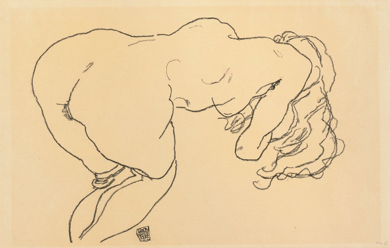 Pitkäkarvainen Nude, Eteenpäin nojaava, Takanäkymä; Langhaariger Akt, vornubergebeugt, Ruckenansicht, 1918 tekijältä Egon Schiele