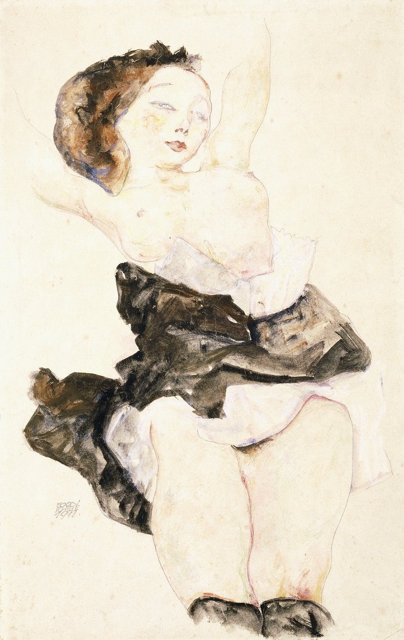 Makaa nuori tyttö, puolialaston, 1912 tekijältä Egon Schiele