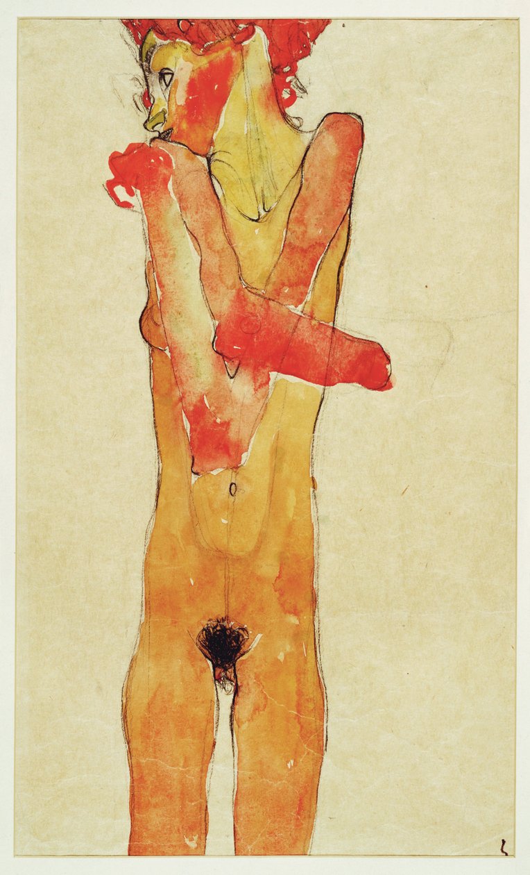 Maedchenakt mit verschraenkten Armen (alaston tyttö ja ... (akvarelli ja hiili)) tekijältä Egon Schiele