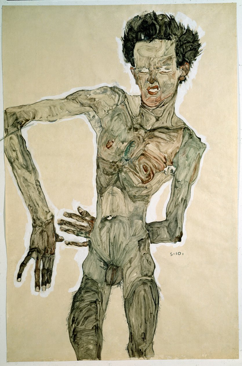 Miesalaston (omakuva). Egon Schielen (1890-1918) piirustus, 1910. Lyijykynä, vesiväri ja tempera paperille. Koko: 55,7x36,8cm. Wien, Graphische Sammlung Albertina tekijältä Egon Schiele