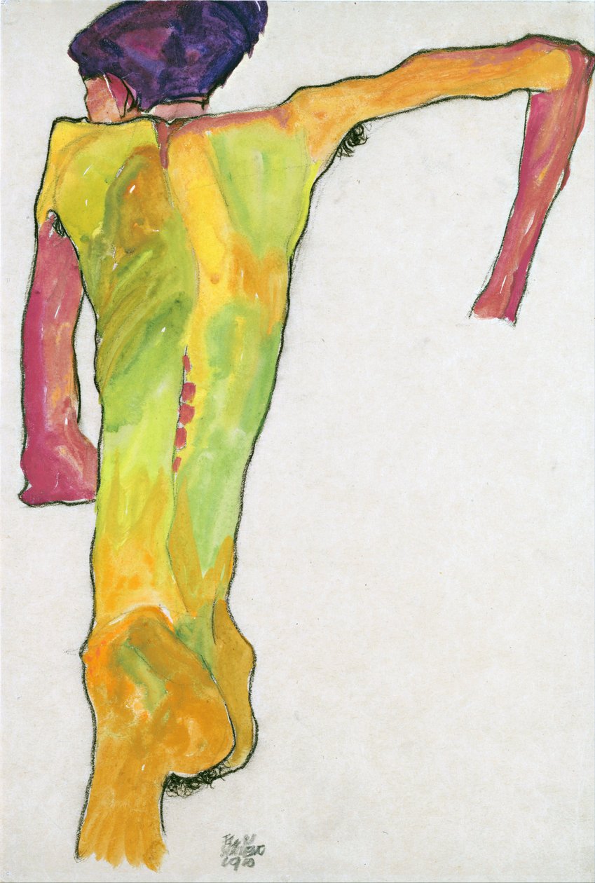Mies alaston, tukemassa itseään - Schiele, Egon (1890-1918) - 1910 - Guassi paperille - 44,7x30,2 - Leopold-museo, Wien tekijältä Egon Schiele
