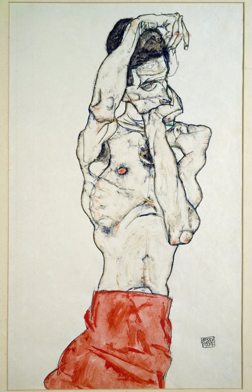 Mies alaston punaisella lakanalla tekijältä Egon Schiele