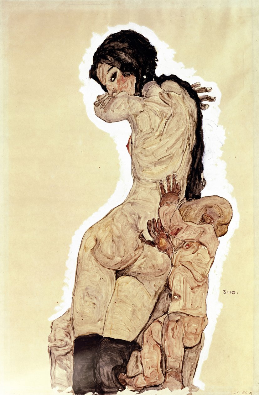 Äiti ja lapsi. (Äiti ja lapsi). Egon Schielen (1890-1918) työ, akvarelli ja guassi paperille tekijältä Egon Schiele