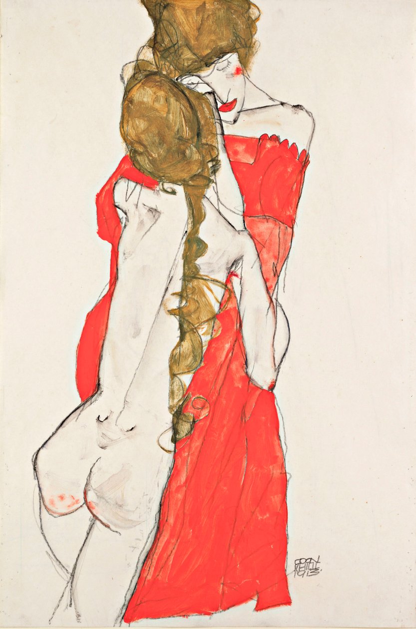Äiti ja tytär - Egon Schielen (1890-1918) työ, guassi paperille tekijältä Egon Schiele